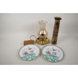 A brass and glass candle night light, 10" high, a C19th stamp box, a pair of Staffordshire plates