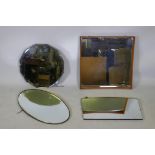 A mid-century teak framed mirror, a brass framed oval mirror, and two others, largest 24" x 24"