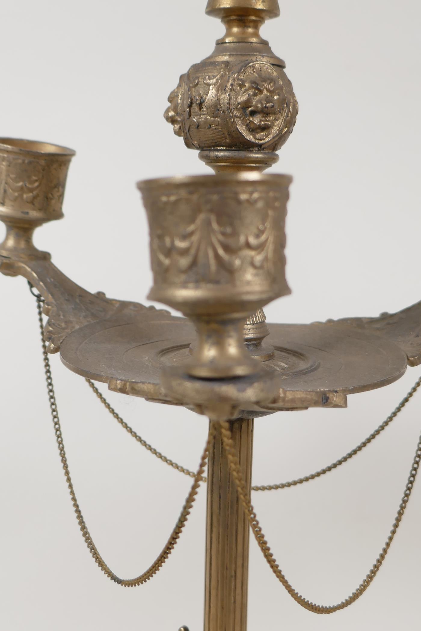 A pair of gilt metal three branch candlesticks of classical form, 17" high - Image 3 of 4