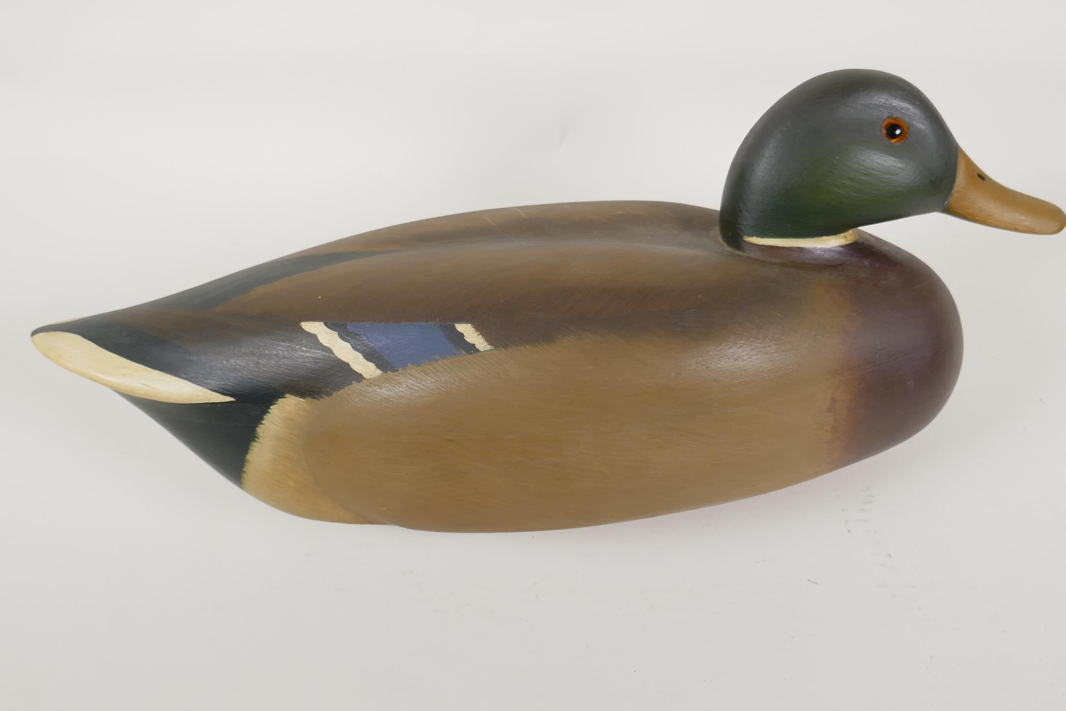 A wood decoy duck painted as a drake, signed and dated 1977, 16" long - Image 2 of 3