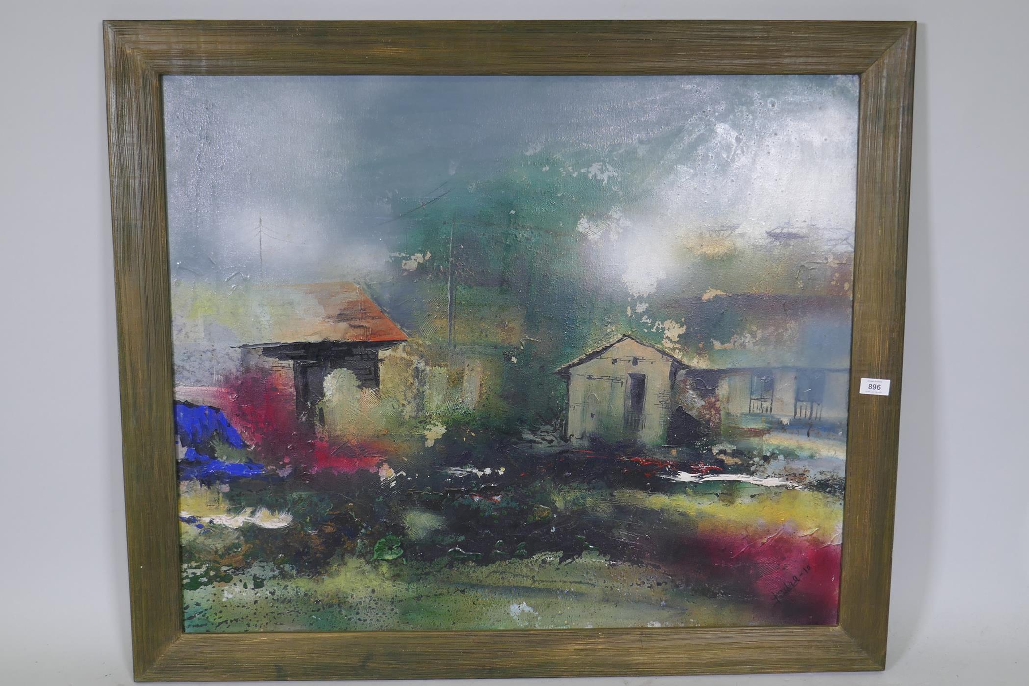 Indra Khatsi, village buildings, titled verso 'Nirvana II', signed, oil on canvas, 36" x 20" - Image 2 of 5