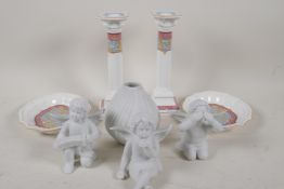 Rosenthal porcelain, three parian cherubs, a studio line 'Gourd Vase', a pair of candlesticks and