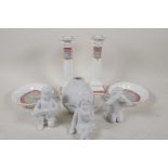 Rosenthal porcelain, three parian cherubs, a studio line 'Gourd Vase', a pair of candlesticks and