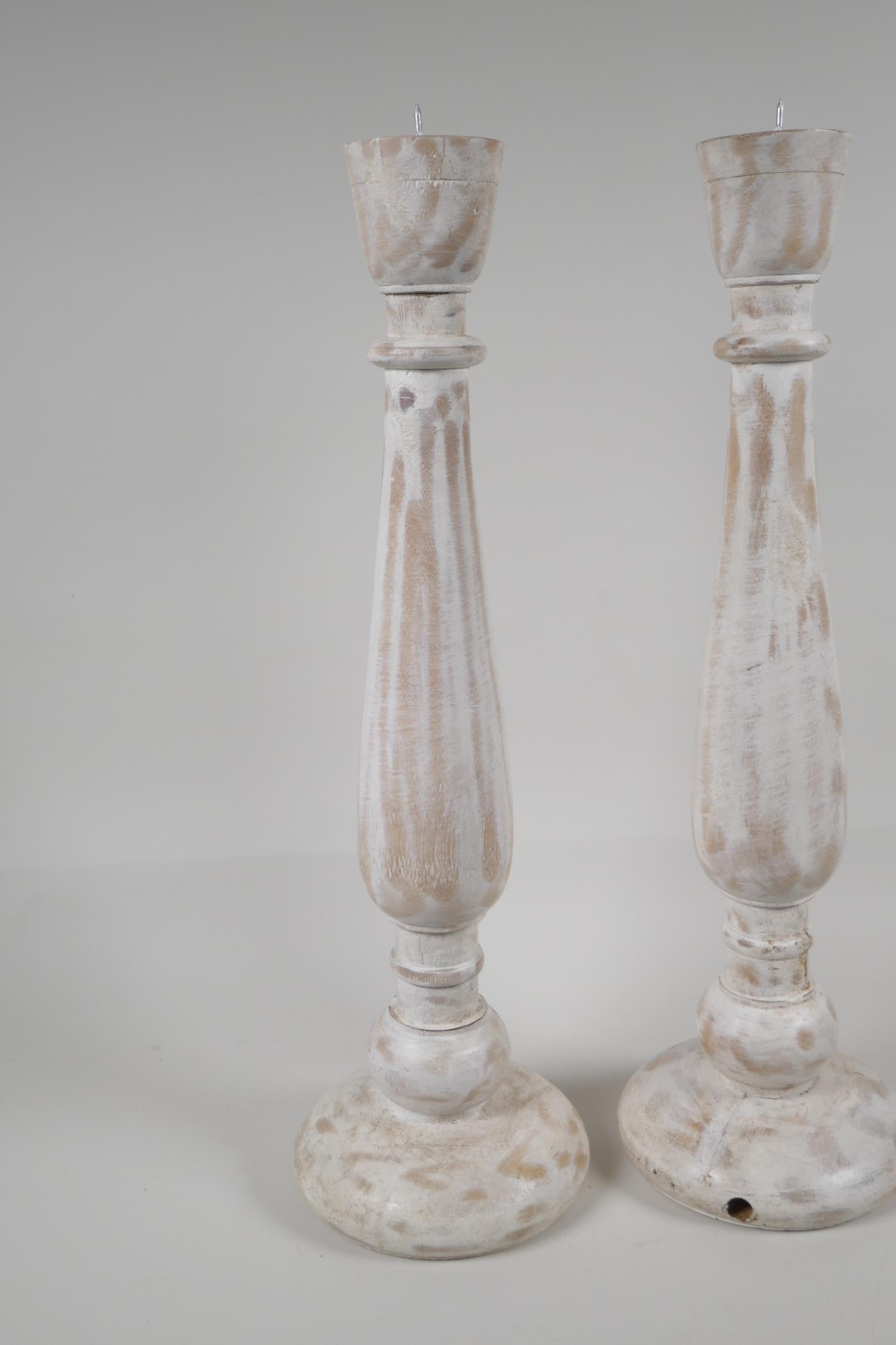 A pair of turned & painted wood pricket candlesticks, 18" high - Image 2 of 2