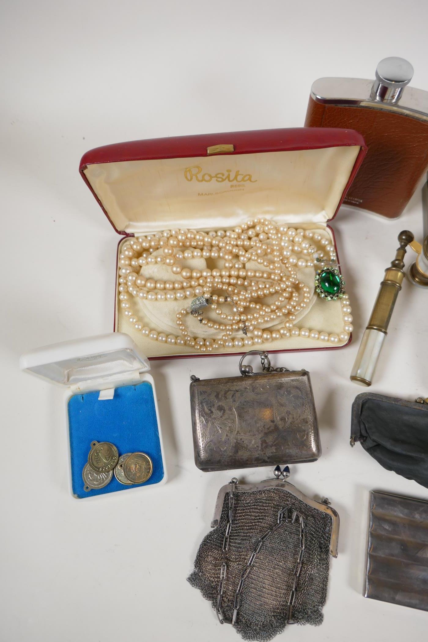 Four faux pearl necklaces, diamante watches and costume jewellery, a silver mounted chain purse, - Image 7 of 7