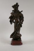 After A. Nelson, 'En Visite', Art Nouveau bronze figure of a woman, mounted on a rouge marble