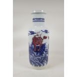 A Chinese blue and white porcelain rouleau vase, decorated with mythical creatures in iron red, 17½"