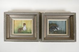 Stella Reading, a pair of miniature oil paintings of wildlife, badgers and stoat, signed and dated