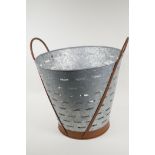A galvanised olive bucket with coppered handles, 18" high