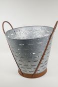 A galvanised olive bucket with coppered handles, 18" high