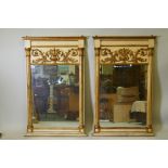 A pair of Italian painted and parcel gilt pier glass mirrors, with raised classical frieze and