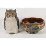 A Bryan Newman Aller Pottery shallow bowl, 5½" diameter, and a studio pottery owl