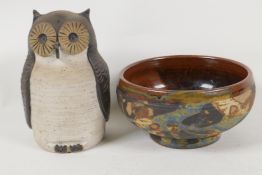 A Bryan Newman Aller Pottery shallow bowl, 5½" diameter, and a studio pottery owl
