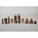 A collection of oriental soapstone and hardstone carved figures, spill vases and seals, largest 6"