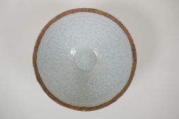 A Song style celadon glazed conical bowl with underglaze figural decoration, Chinese, 7½" diameter
