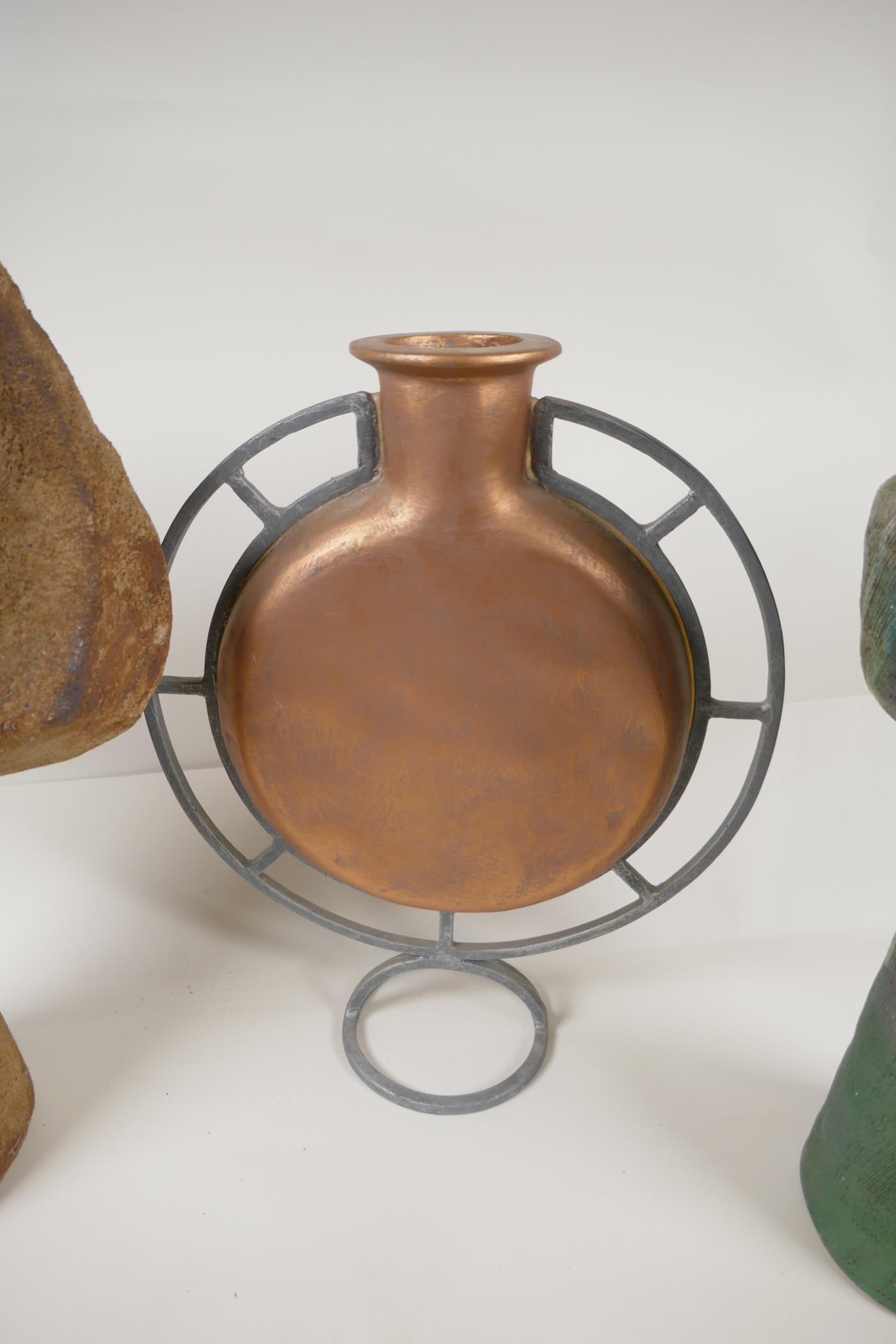 Two large studio pottery stoneware vases and a composition flask, 17" high - Image 4 of 4