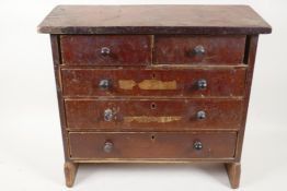 A small mahogany tool chest of two short over three long drawers, 15" x 17" x 7"