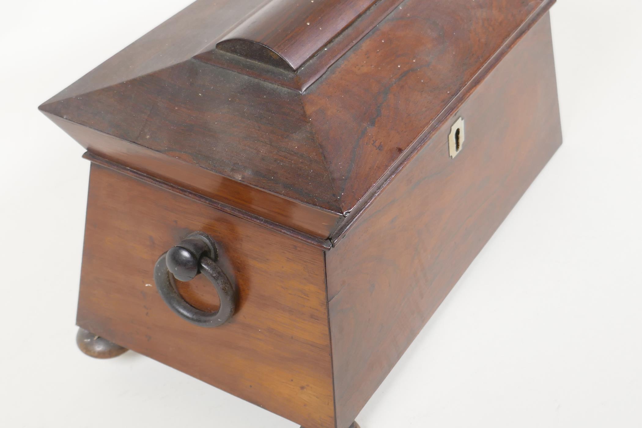 A C19th rosewood sarcophagus shaped tea caddy, for restoration, 11" long - Image 2 of 4