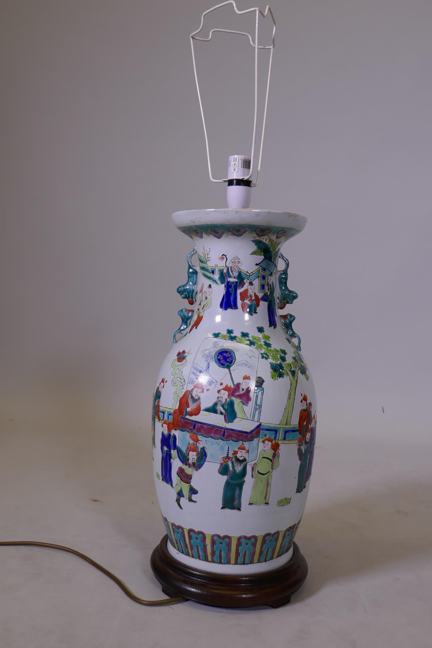 A Chinese famille verte porcelain table lamp, with wood stand, vase 19" high - Image 2 of 4