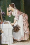 A. Bruggeman, housemaid sneaking a dab of powder, signed, oil on panel, 7½" x 9½"