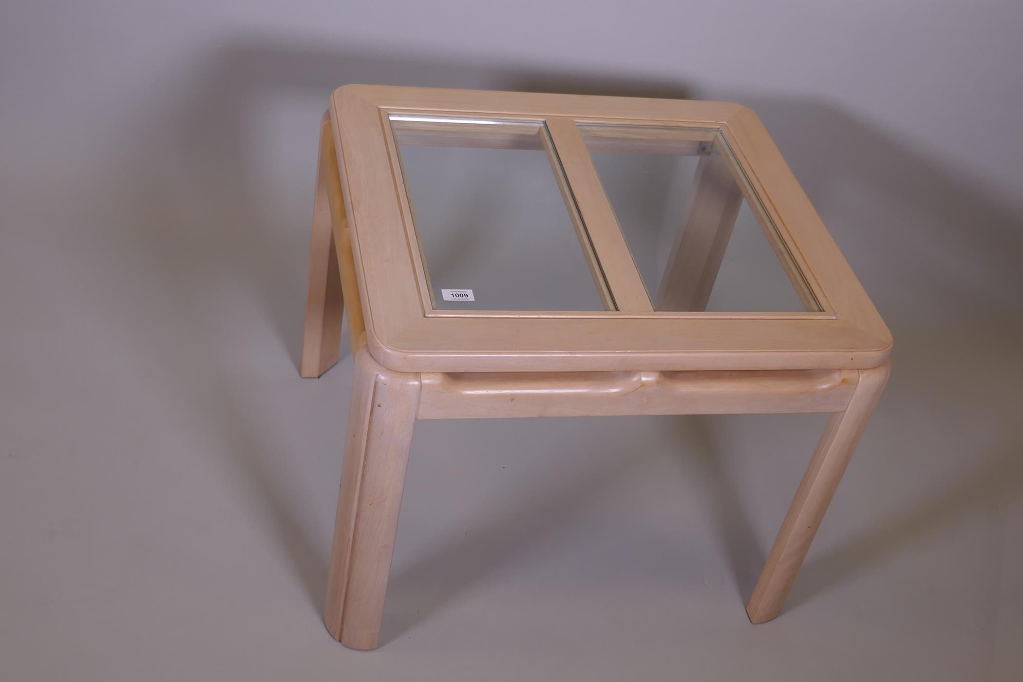 A contemporary blonde beechwood coffee table with inset glass top, 27" x 27" x 21" - Image 2 of 2