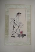 A Chinese printed watercolour scroll depicting a street entertainer with his monkey and dog, 14" x