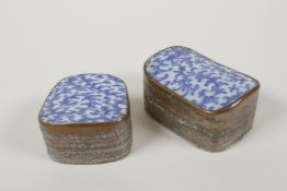 A Chinese blue and white pottery shard and metal mounted trinket box, and another smaller, largest