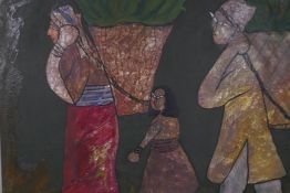 Y. Sundar, Nepalese, field workers carrying their harvest, signed, unframed, naive oil on canvas,