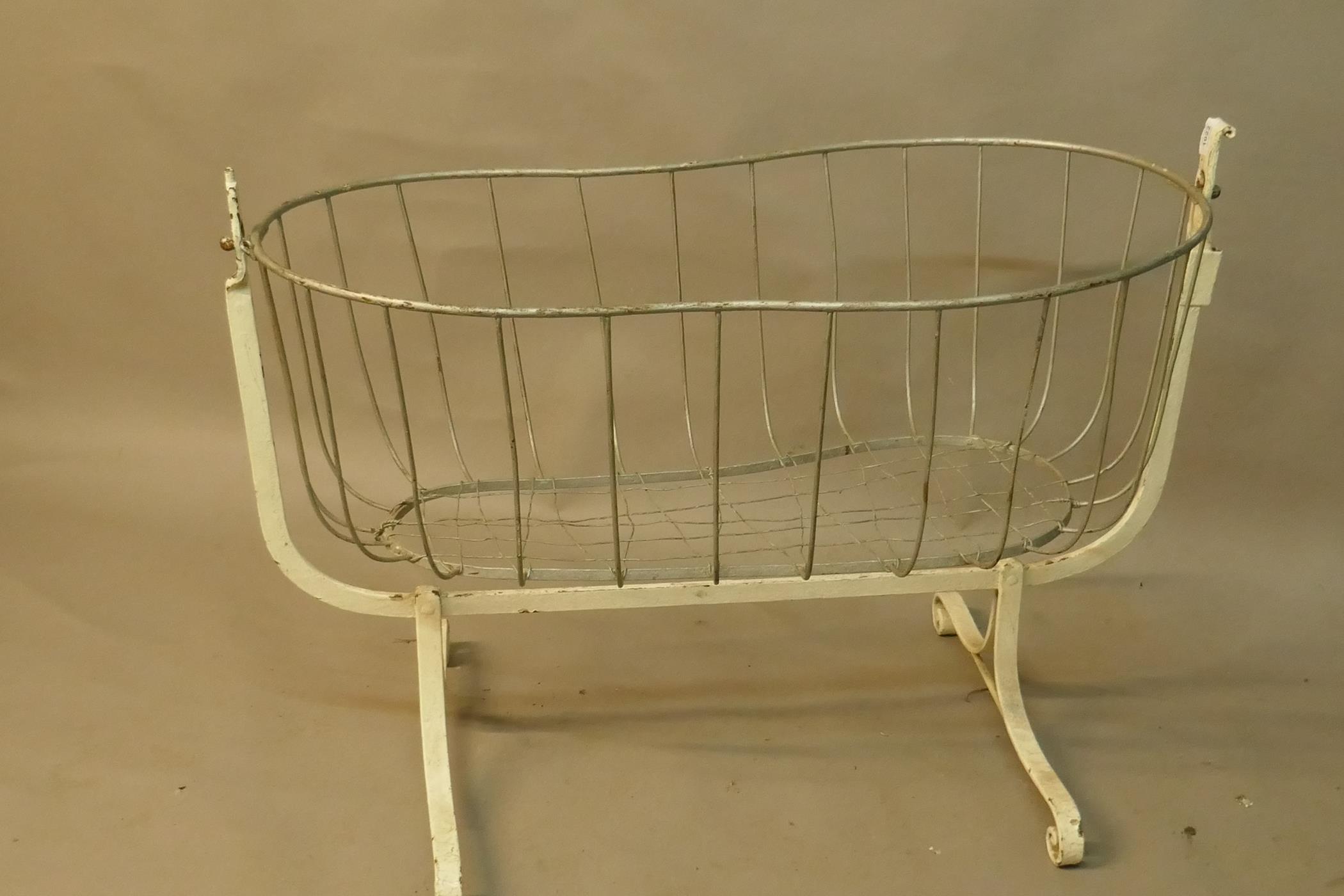 A Victorian painted wrought iron cradle, 40" x 22", 29" high - Image 2 of 2