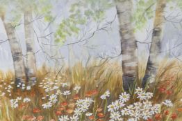Gladys Valler-Wilson, Birch trees and wild flower, titled verso 'Summer Woodland', signed,