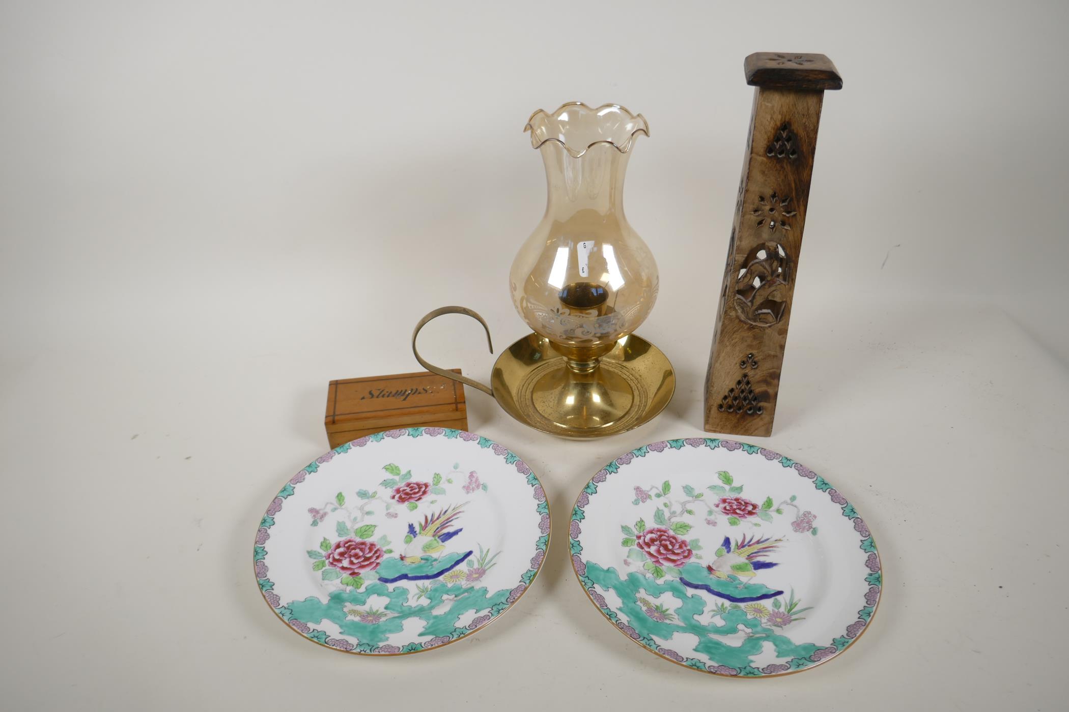 A brass and glass candle night light, 10" high, a C19th stamp box, a pair of Staffordshire plates