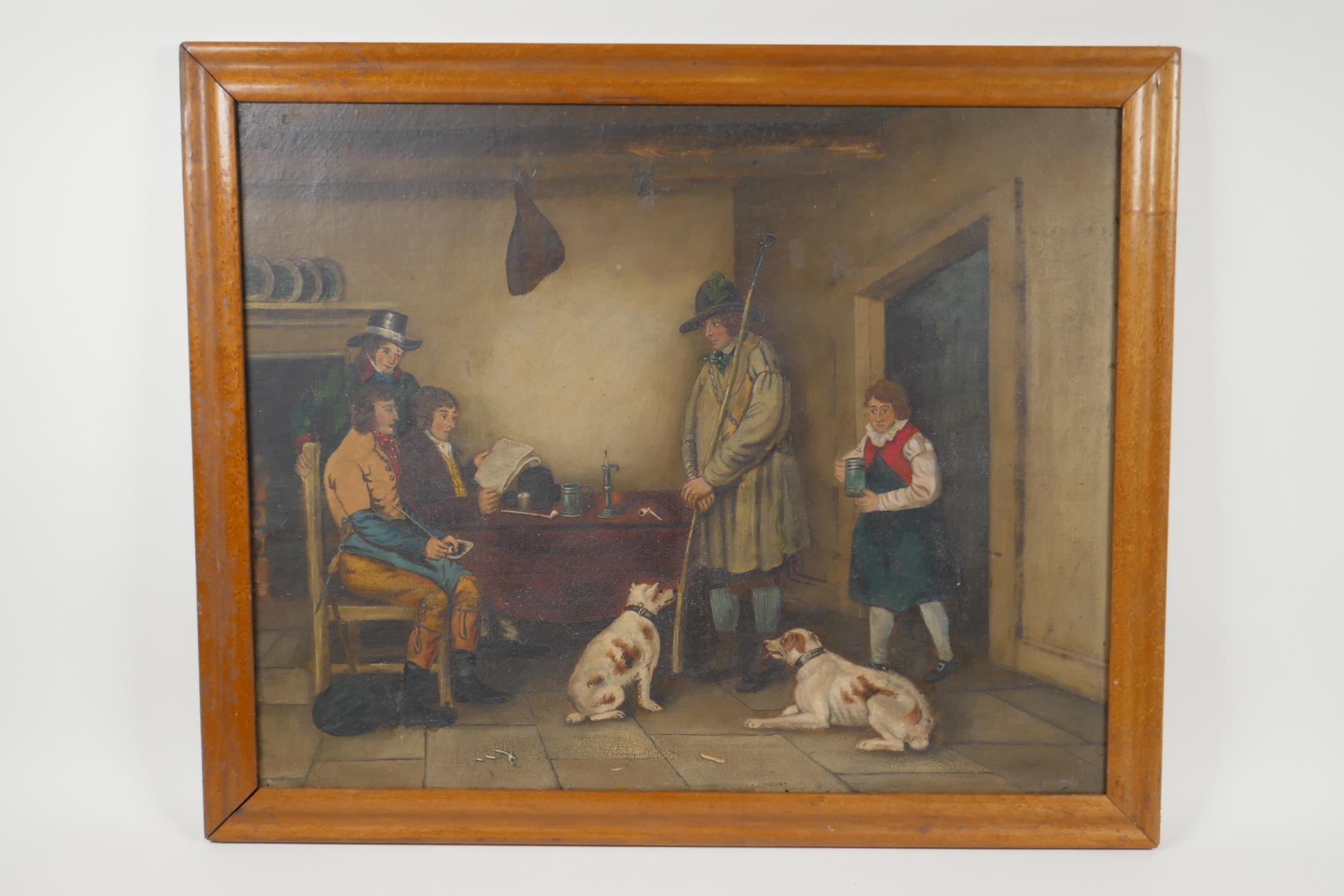 Interior scene with figures and dogs, C19th in a maple wood frame, oil on canvas, 16" x 21" - Image 2 of 4