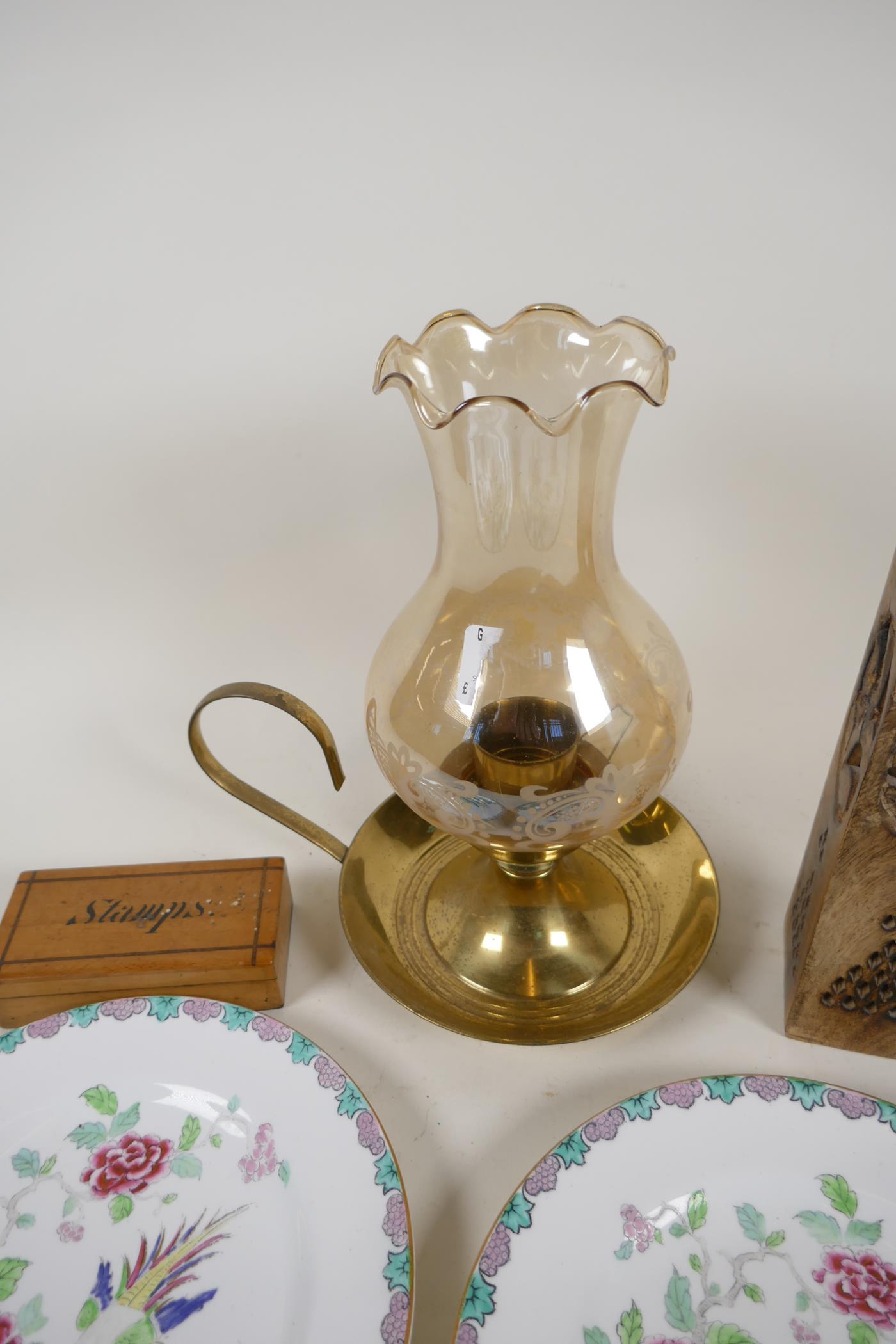 A brass and glass candle night light, 10" high, a C19th stamp box, a pair of Staffordshire plates - Image 4 of 4