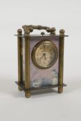 A brass cased carriage clock with printed pictorial enamel panels depicting classical paintings,