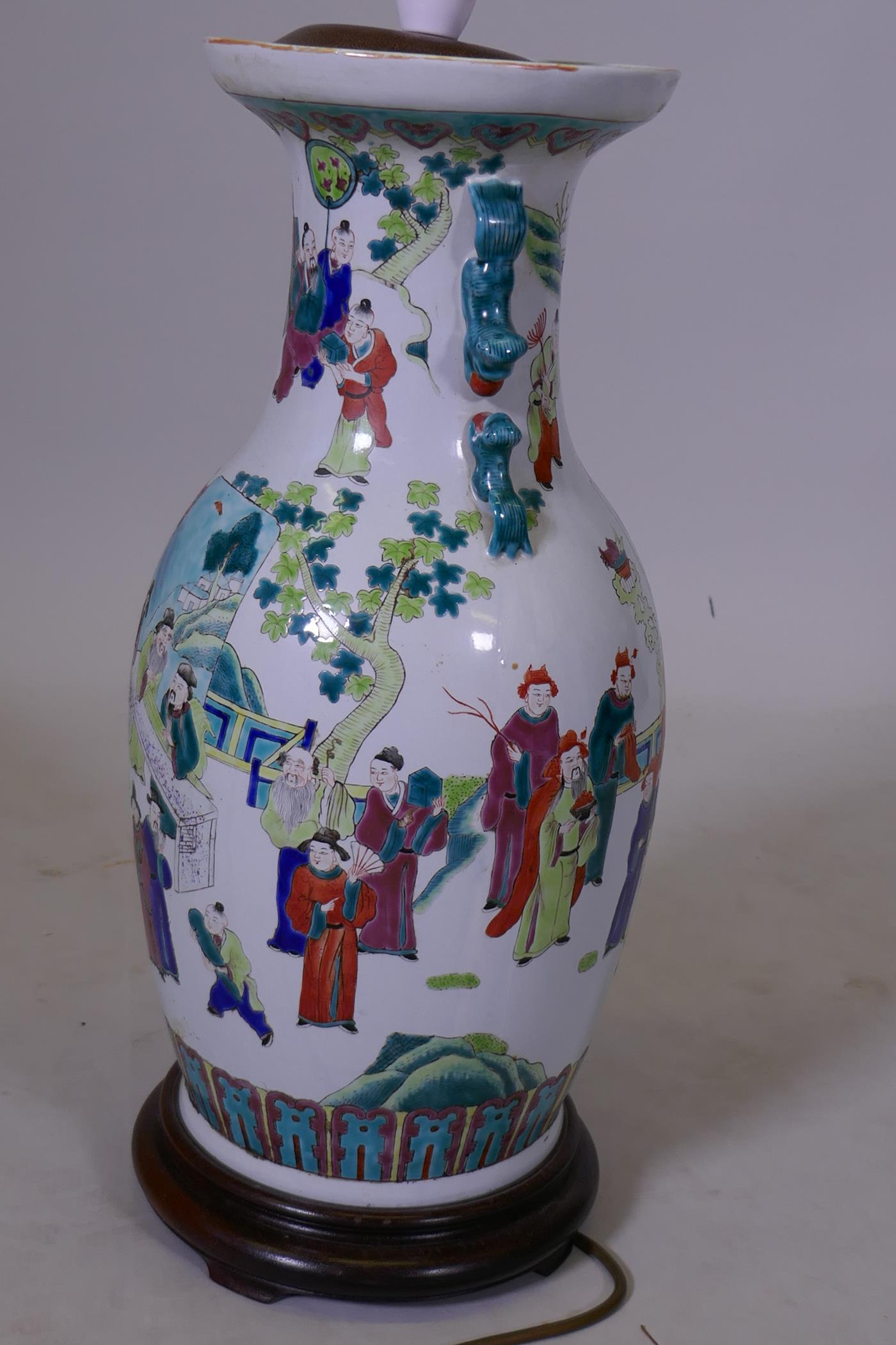 A Chinese famille verte porcelain table lamp, with wood stand, vase 19" high - Image 3 of 4