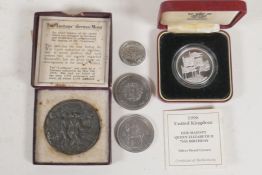 A £5 silver proof coin, in case with C.O.A., two Elizabeth II Crowns and a Lusitania medal in box