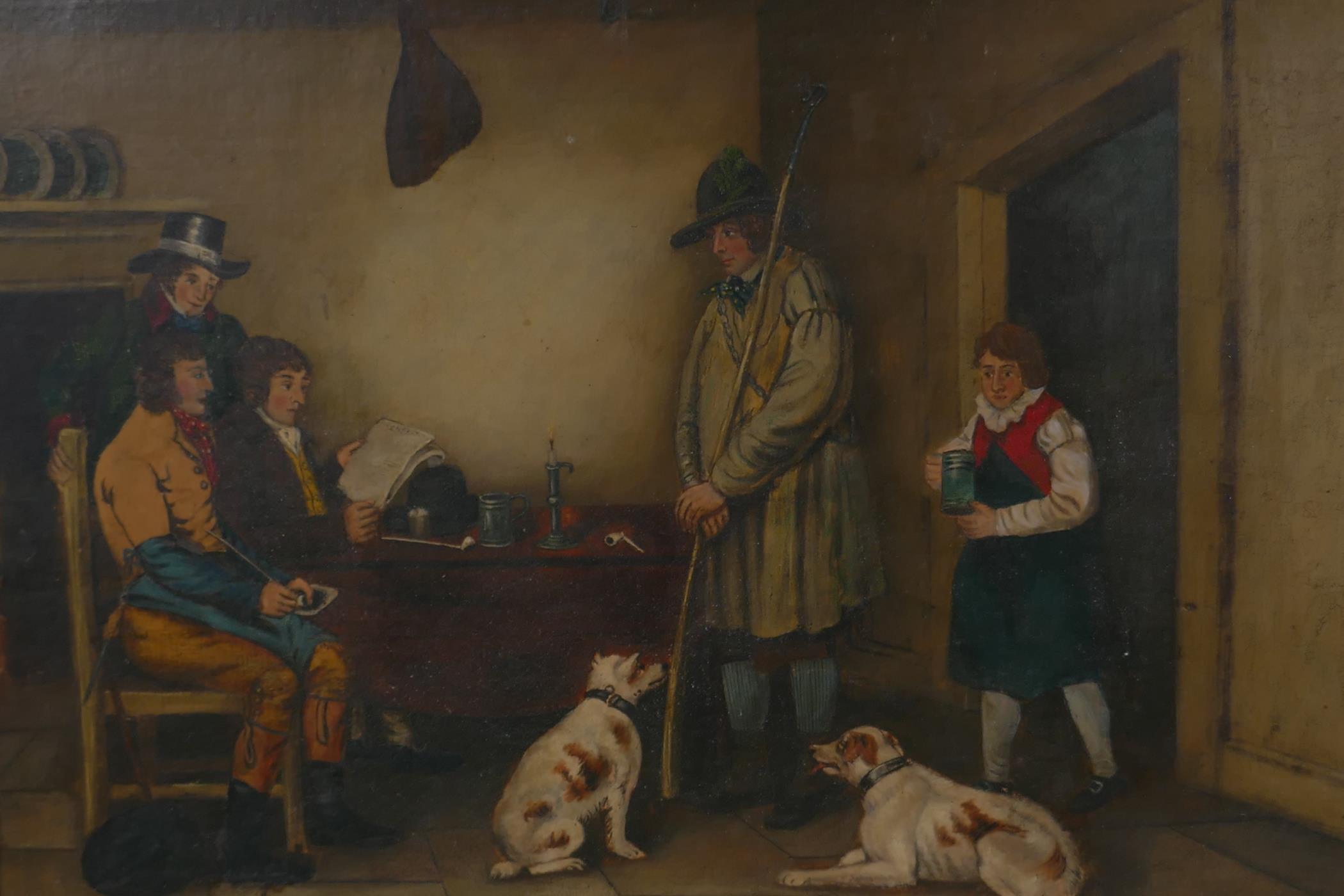 Interior scene with figures and dogs, C19th in a maple wood frame, oil on canvas, 16" x 21"