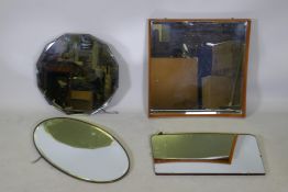 A mid-century teak framed mirror, a brass framed oval mirror, and two others, largest 24" x 24"