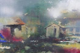 Indra Khatsi, village buildings, titled verso 'Nirvana II', signed, oil on canvas, 36" x 20"