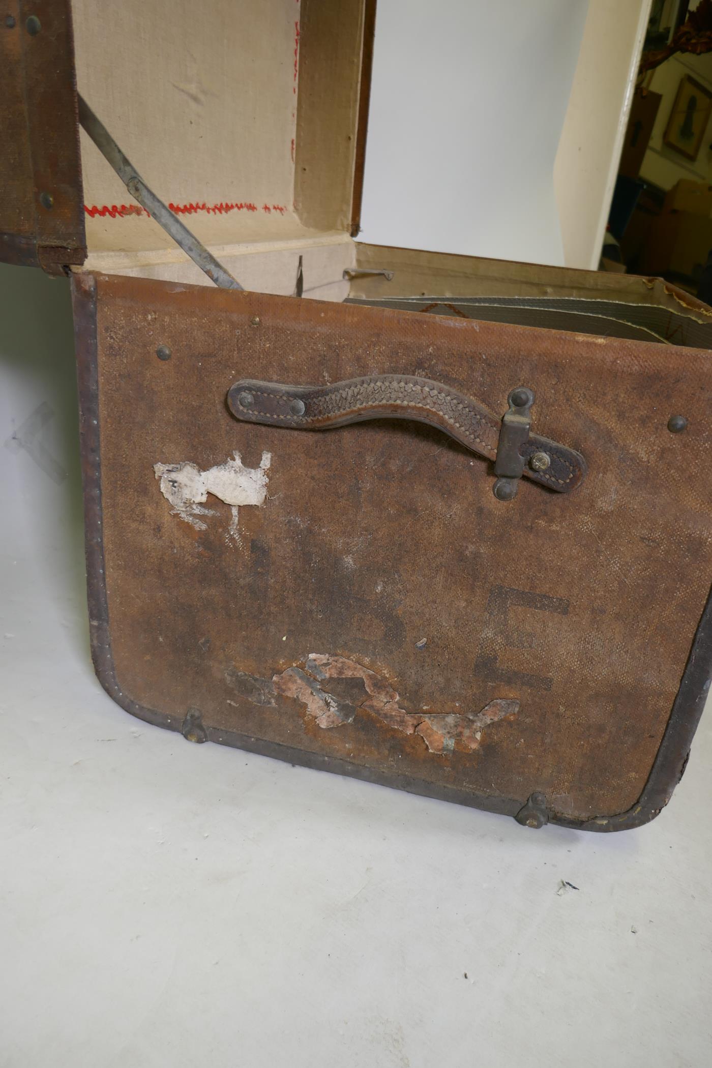 A metal and bentwood strapped canvas travel trunk, 32" x 20", 20" high - Image 3 of 5