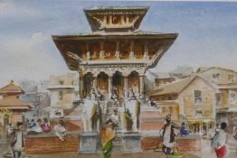 Four Tibetan watercolours, busy street scenes and a portrait of a Fakhir ? by the same hand,