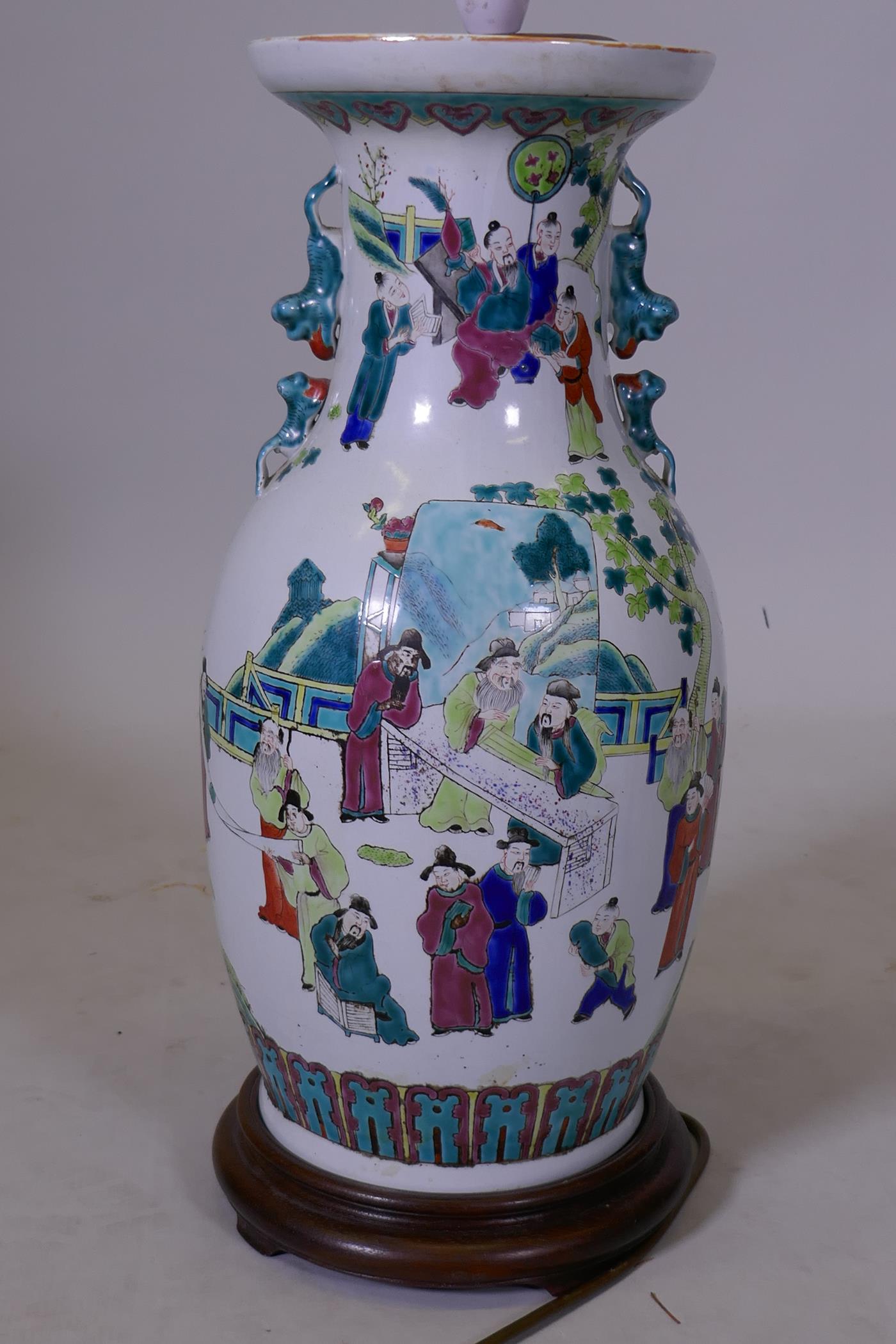 A Chinese famille verte porcelain table lamp, with wood stand, vase 19" high - Image 4 of 4