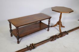 An antique oak curtain pole, a C19th two tier side table A/F, and an Arts & Crafts style