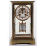 A late 19th century four glass mantel clock, Brocot escapement, enamel dial with Roman numerals