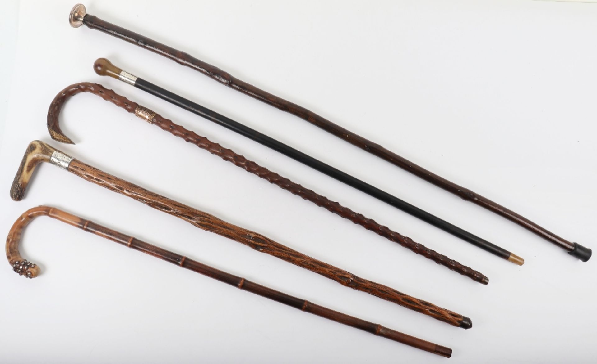 Five walking sticks including a silver banded antler stick with naturalistic body