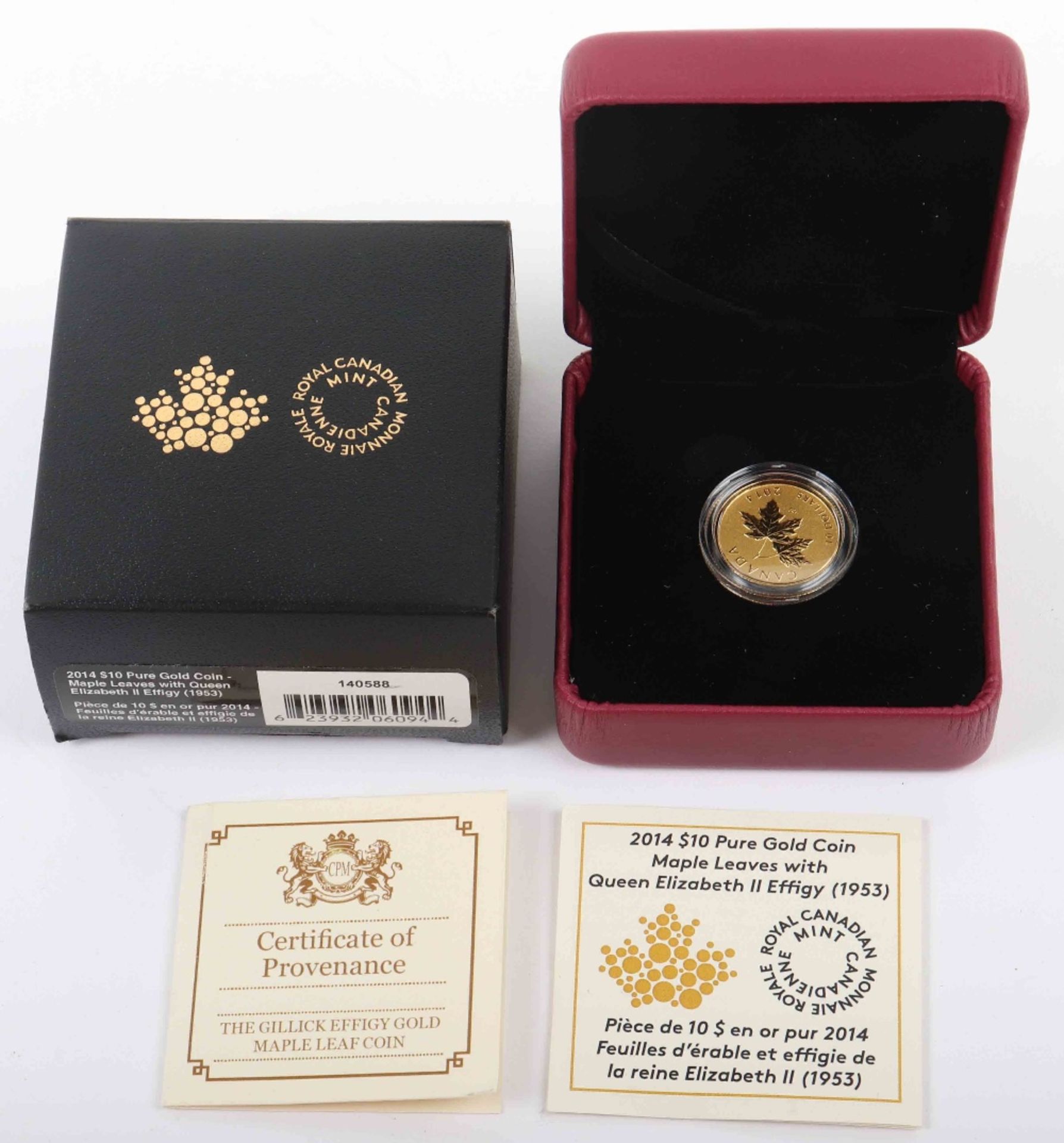 2018 Canada QEII Coronation 1/4oz proof (.999) gold coin, 7.8g