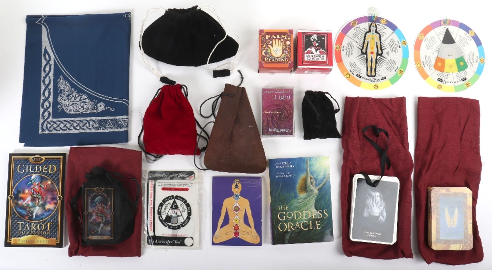 A selection of tarot cards and spiritual readings paraphernalia