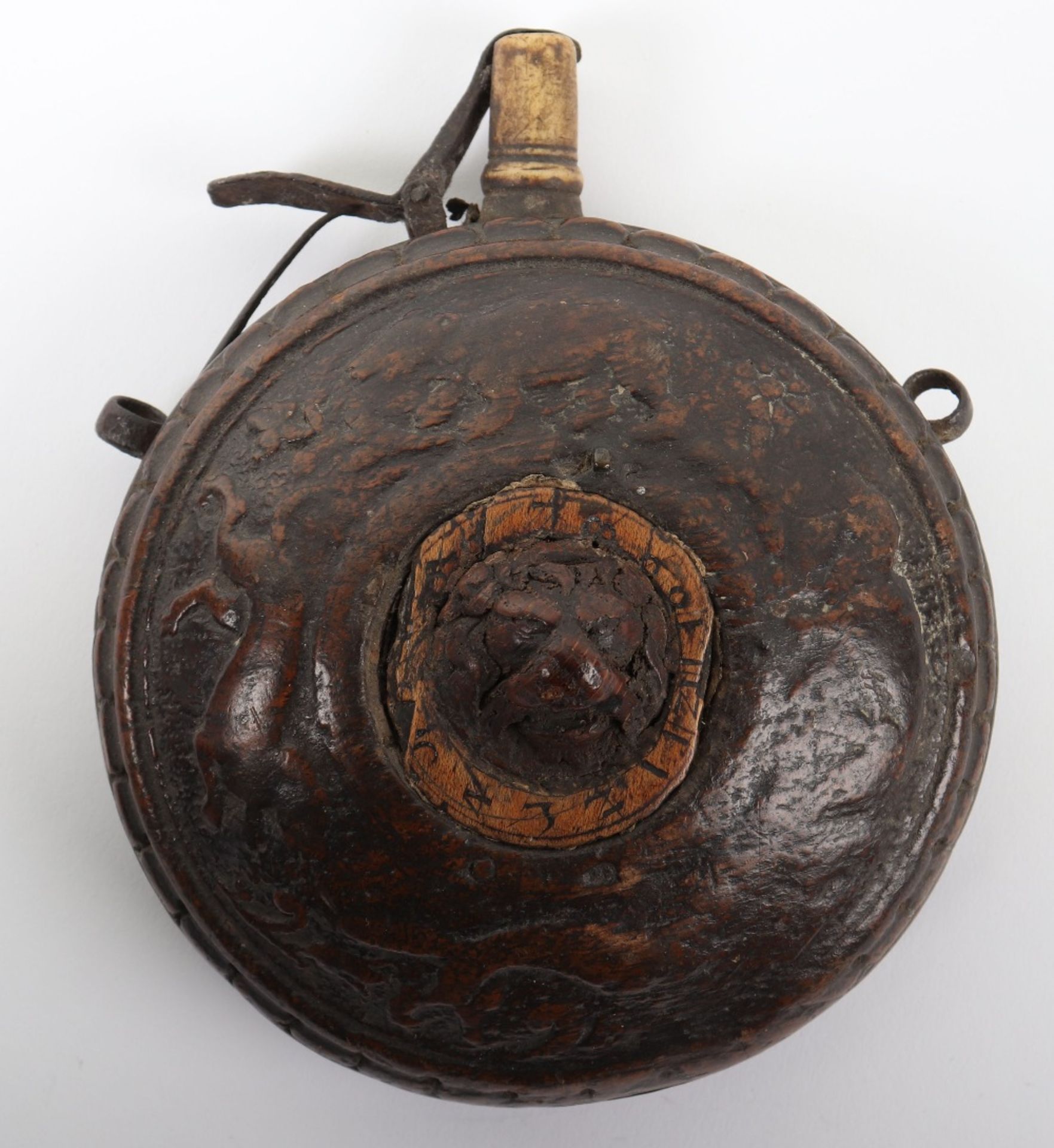 Circular Carved Wooden Powder Flask, European 17th Century