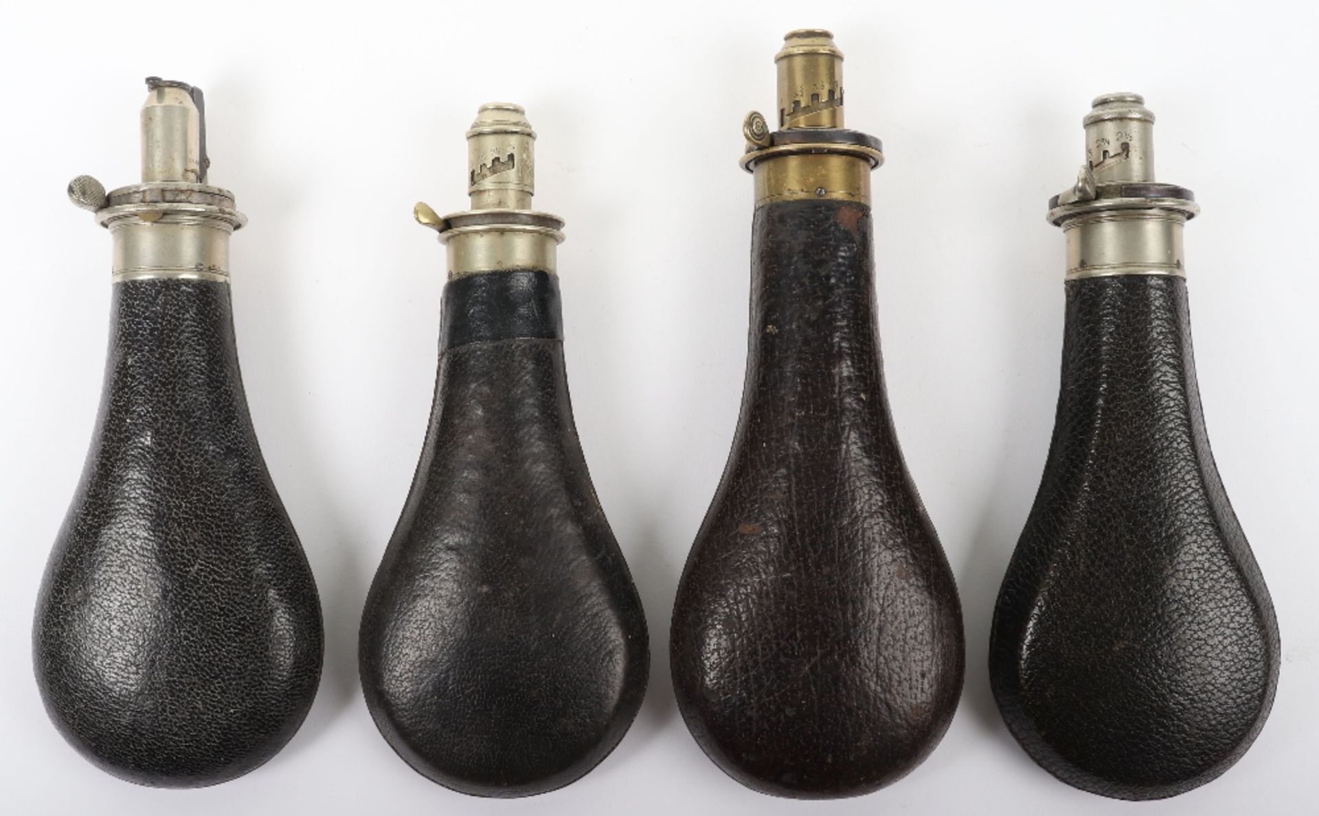 4x Assorted Gun Sized Leather Covered Powder Flasks