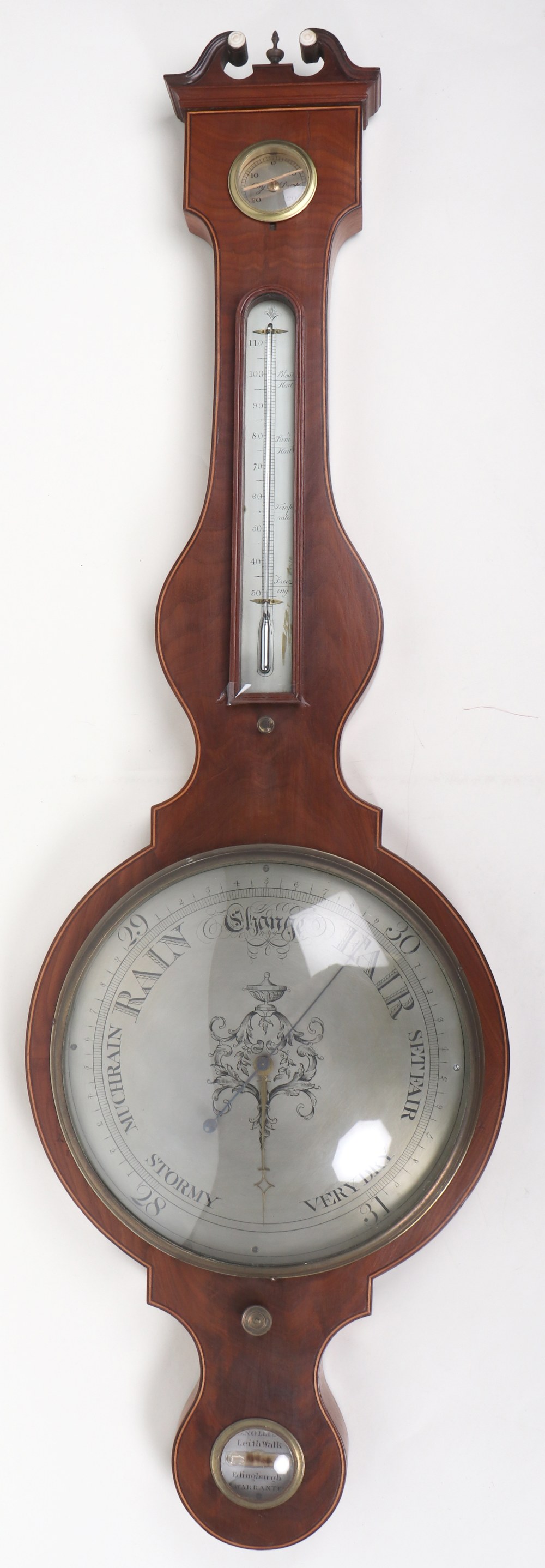 A large Regency J.B Nolli & Co mahogany and satinwood banded aneroid barometer